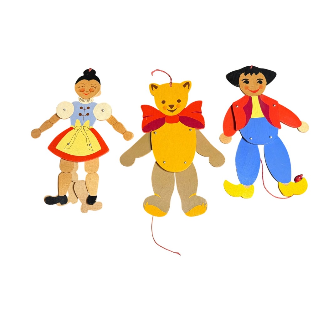 Vintage Mertens Kunst Wood Jumping Jack Pull String Toys Gretl Teddy Max Set 3